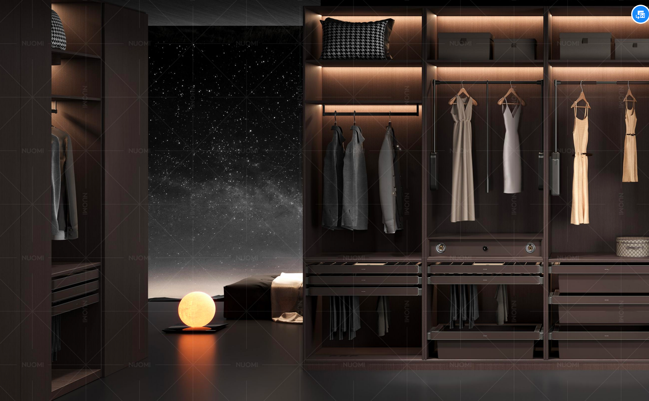 Luxury walk-in wardrobe Singapore — boutique closet with intelligent LED lighting and full storage system