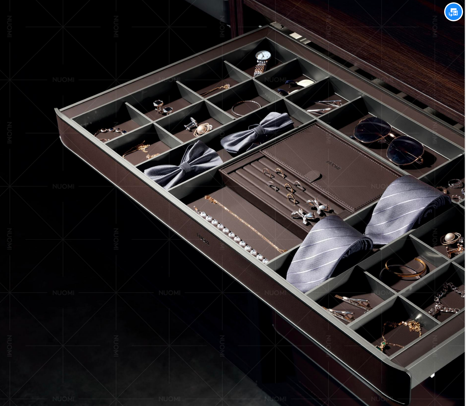 NUOMI wardrobe hardware — saddle leather jewellery drawer and rotating shoe rack