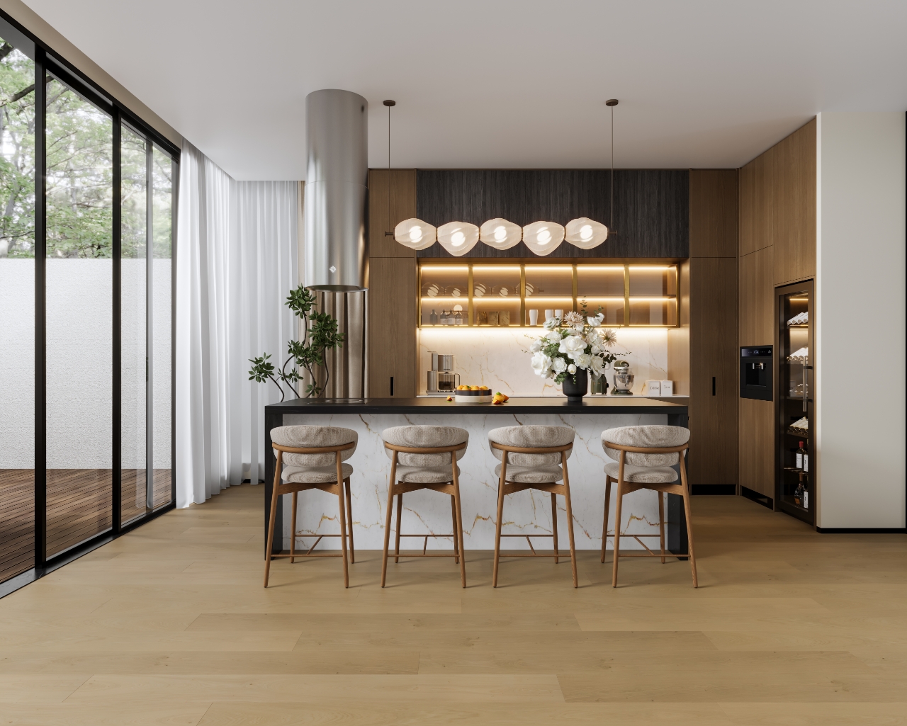 Kitchen island layout with sintered stone waterfall edge