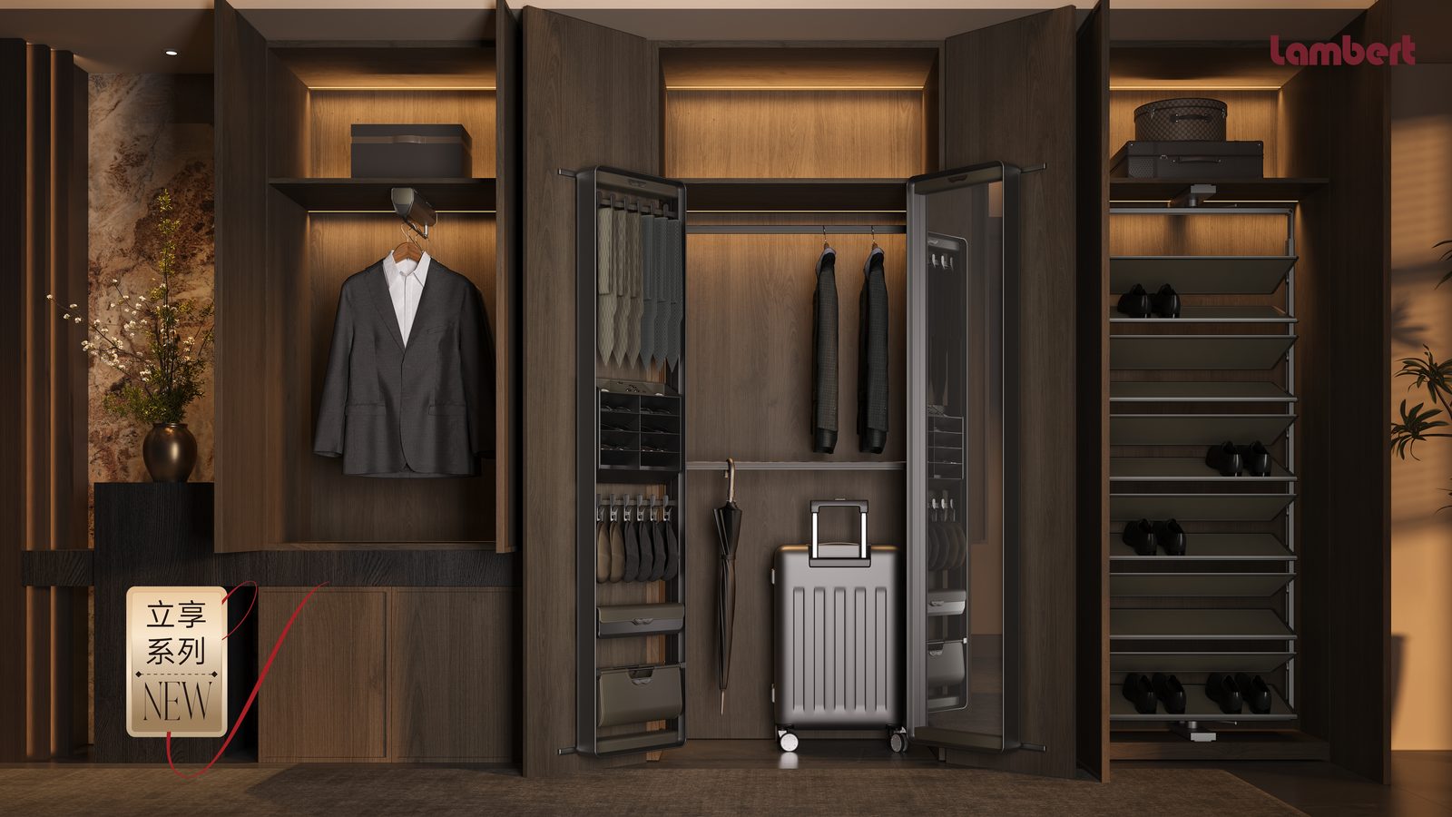 Lambert wardrobe storage system Singapore — dark walk-in closet