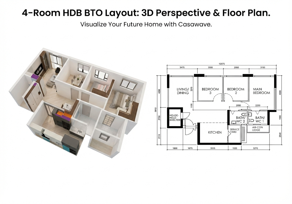 Standard 4-Room BTO Type 1 Floor Plan - 93 sqm