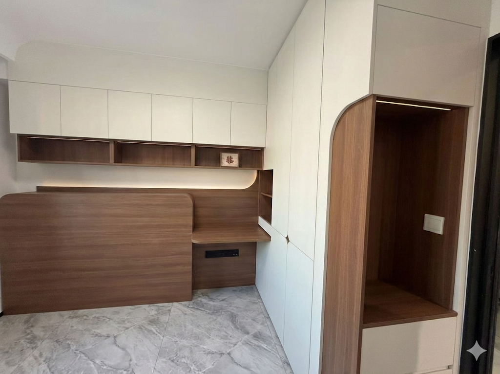 Luxury master bedroom with fluted headboard and custom wardrobe