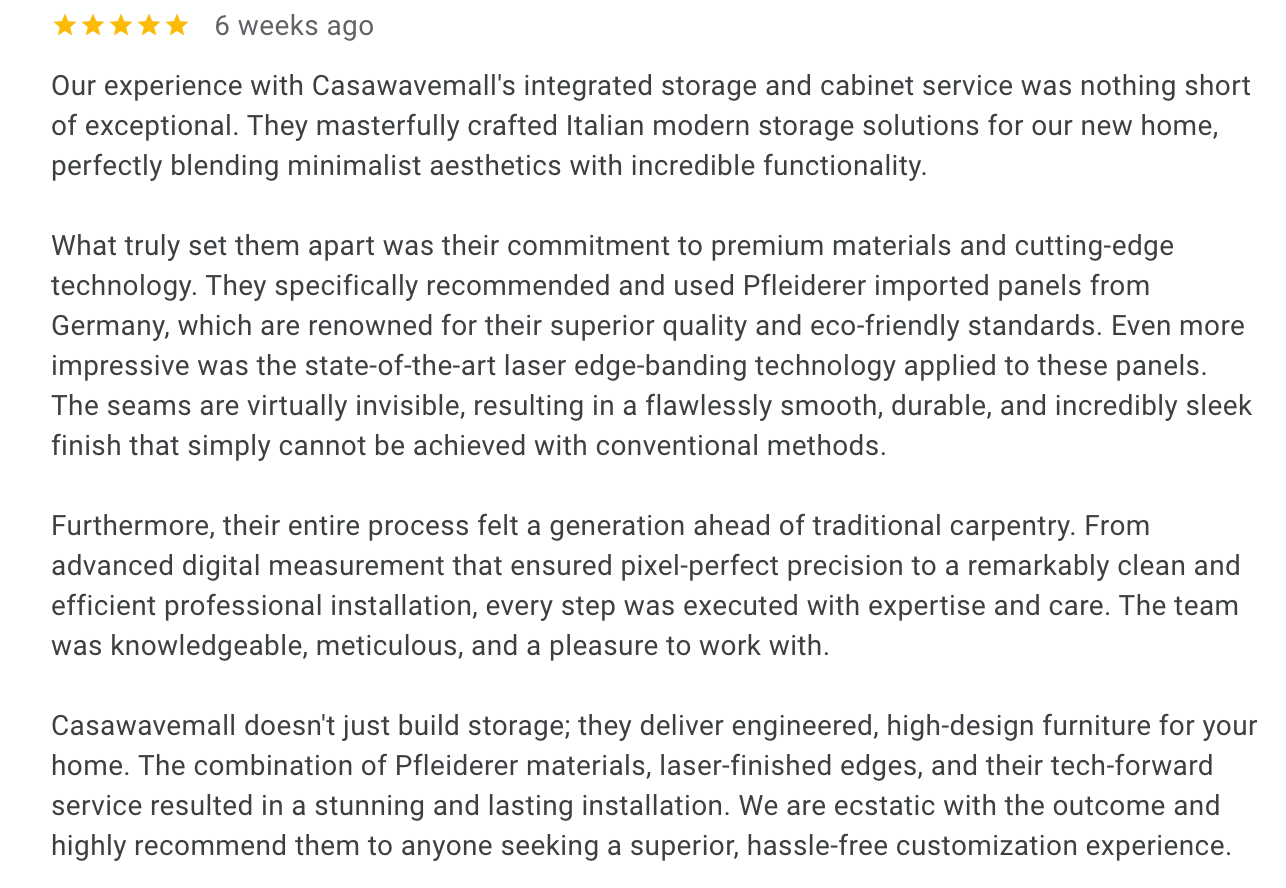 5-star customer review praising CASAWAVE's exceptional Italian modern storage solutions and premium Pfleiderer panels