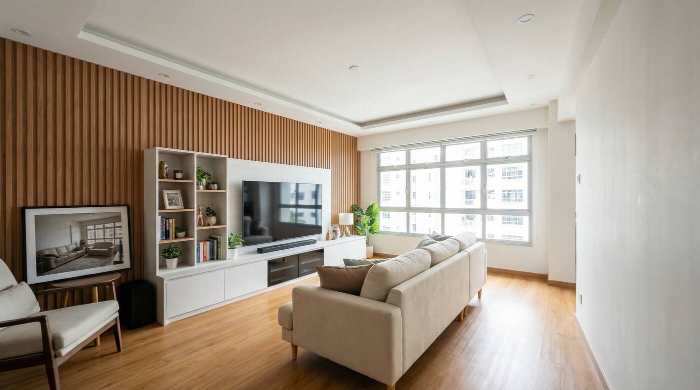 Langsen wall panel and TV console renovation in Singapore resale flat